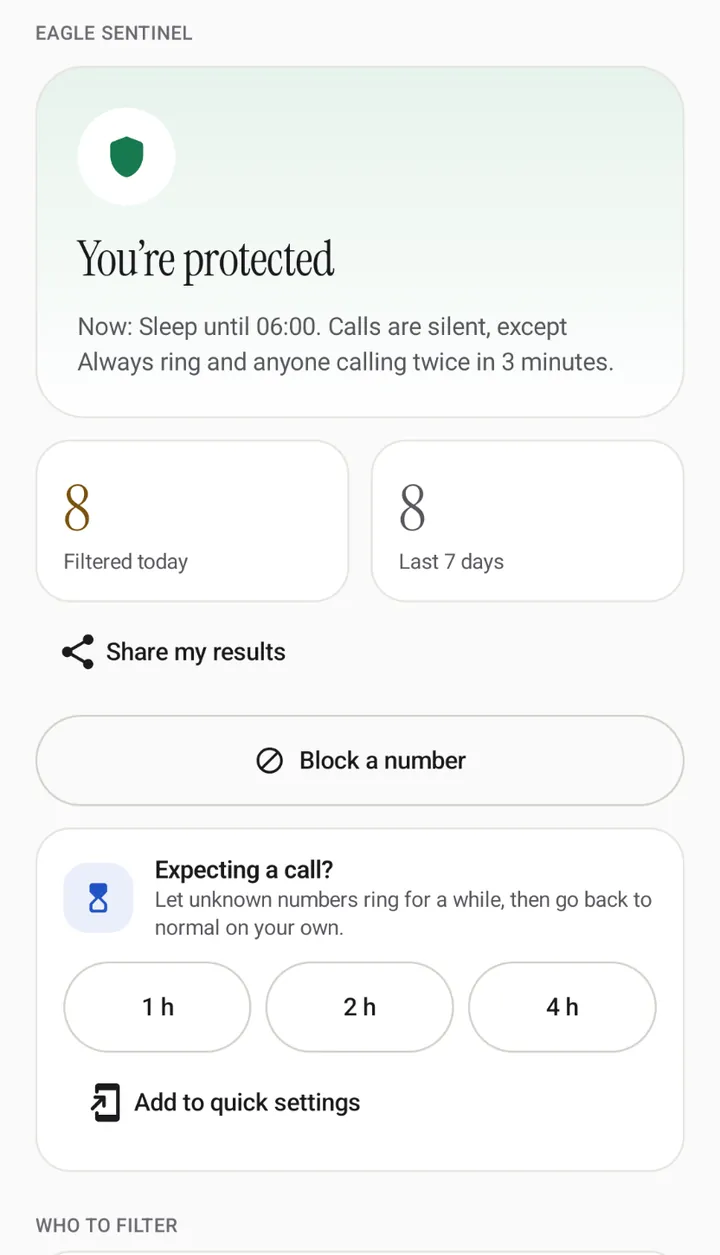 Sentinel home screen: you are protected, 8 calls filtered today