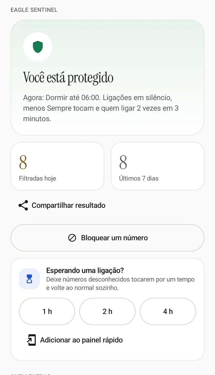 Tela inicial do Sentinel: você está protegido, 8 ligações filtradas hoje
