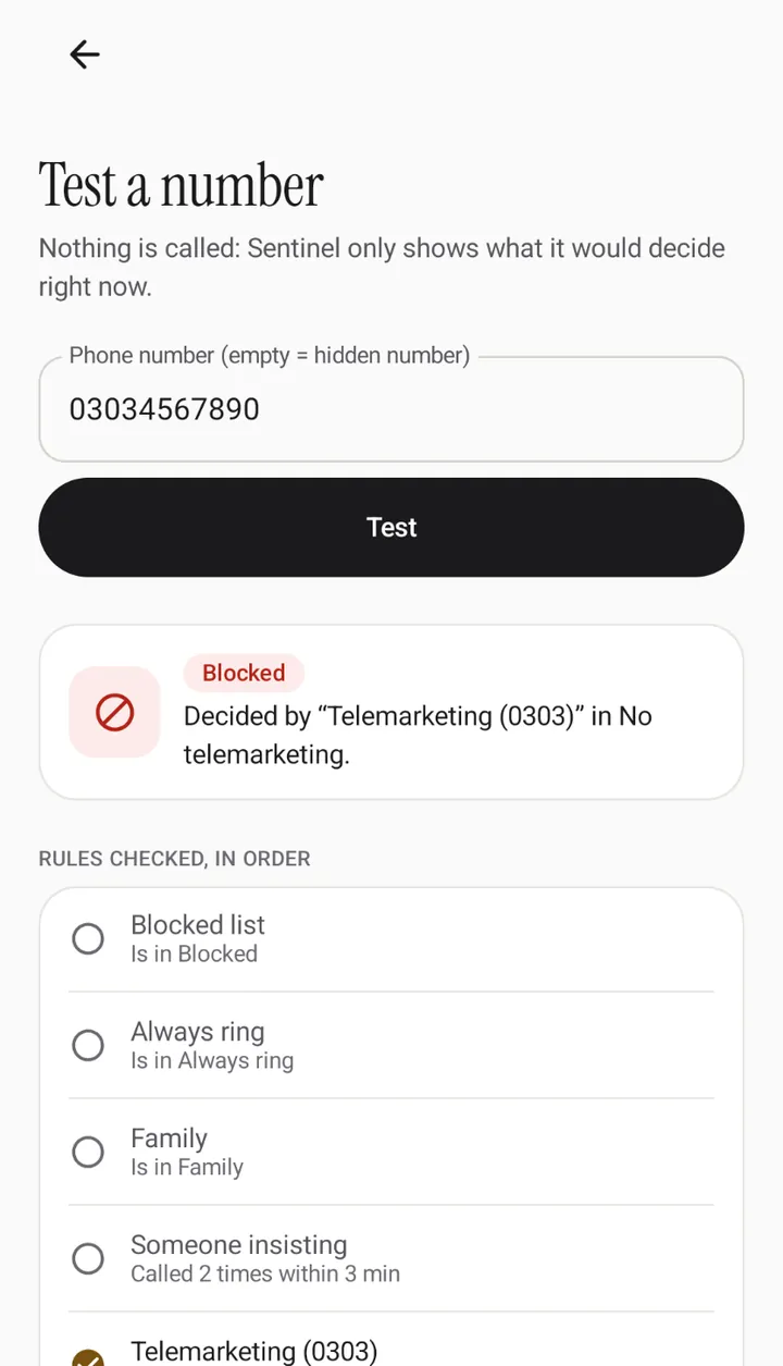 Sentinel screen: Test a number