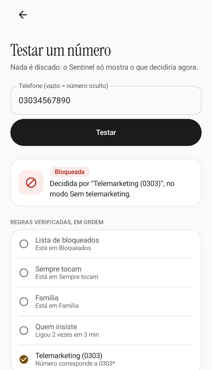 Tela do Sentinel: Testar número