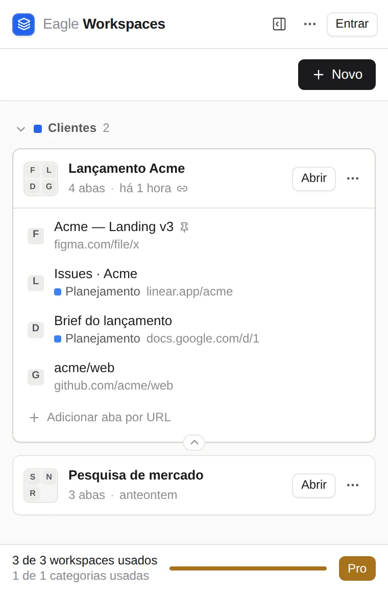 Popup do Eagle Workspaces listando workspaces salvos